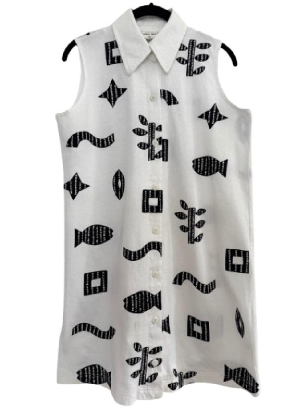 Cotton Fields M. Mac Rock Fish Print Sleeveless Button Front Mini Dress White